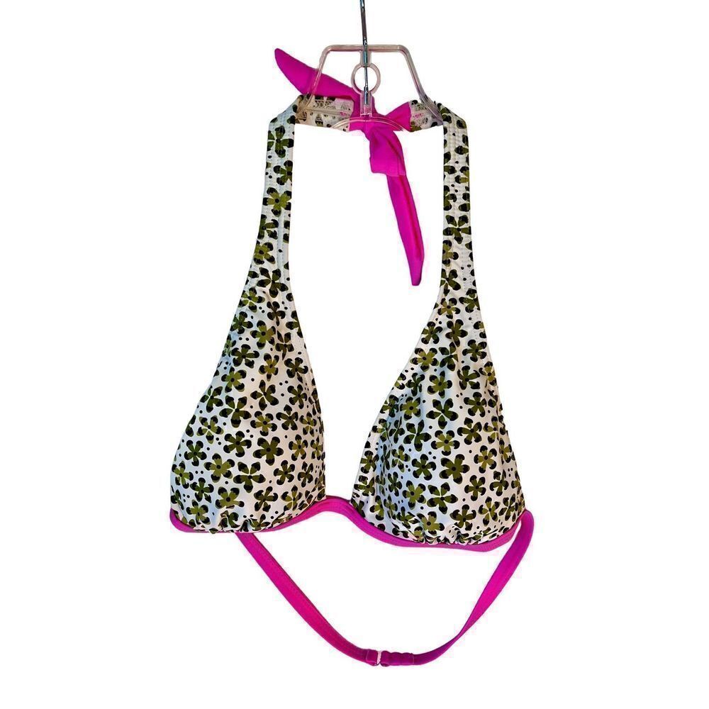 Gossip Green Pink Floral Animal Print Halter Bikini Bathing Suit Top Size Large